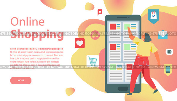 Online shopping website template vector illustration. Woman chooses products, goods on Internet using smartphone application. Mobile app for shopping, online purchases. Girl buys and pays via intenet. Woman chooses products using smartphone application. Mobile app for shopping, online purchases. Стоковая иллюстрация, агентство Ingram Publishing / Фотобанк Лори