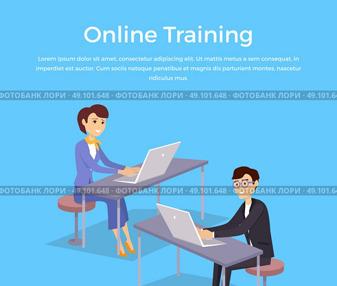 Online training banner design concept. Man and woman sitting with laptops and remotely study. Online training and education with technology network internet for business, vector illustration. Стоковая иллюстрация, агентство Ingram Publishing / Фотобанк Лори