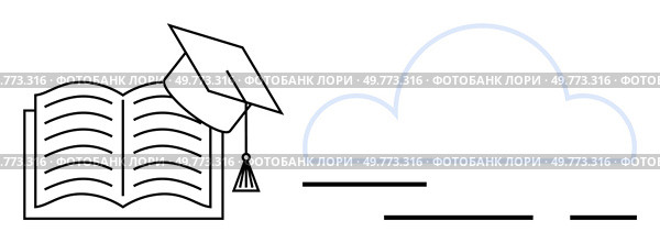 Open book with a graduation cap beside an abstract cloud shape with horizontal lines underneath. Ideal for education, graduation, e-learning, knowledge sharing, academic achievement concepts. Simple. Open Book with Graduation Cap and Abstract Cloud Shape Design. Стоковая иллюстрация, агентство Ingram Publishing / Фотобанк Лори
