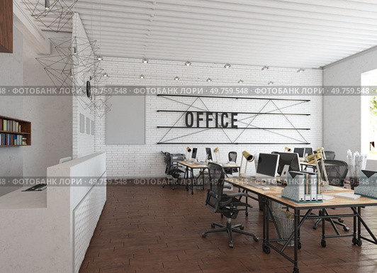 Open, collaborative office space with industrial design. 3d render. Open, collaborative office space . Стоковое фото, агентство Ingram Publishing / Фотобанк Лори