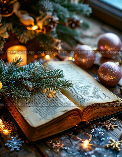 Open fairy tale book on Christmas night. New Year's decor. Festive New Year's atmosphere. Стоковое фото, фотограф Сергей Елизарьев / Фотобанк Лори