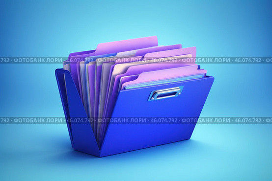Open folder standing on blue background showing indexed files for easy retrieval. Стоковое AI-изображение, AI-художник Иван Рябоконь / Фотобанк Лори