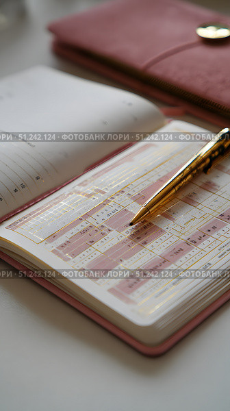 Open planner with golden pen and wallet on desk, close-up scene of organization. Стоковое AI-изображение, AI-художник Александра Рублева / Фотобанк Лори