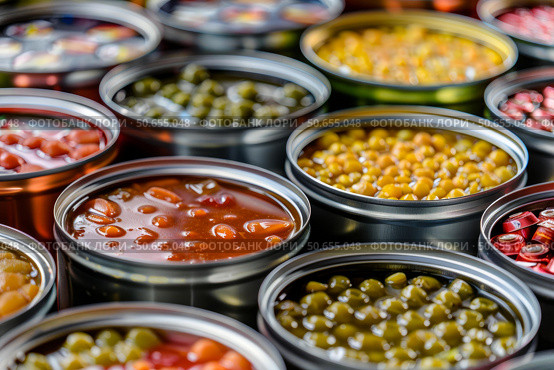Open tin cans containing preserved food showing abundance and variety. Стоковое AI-изображение, AI-художник Иван Рябоконь / Фотобанк Лори