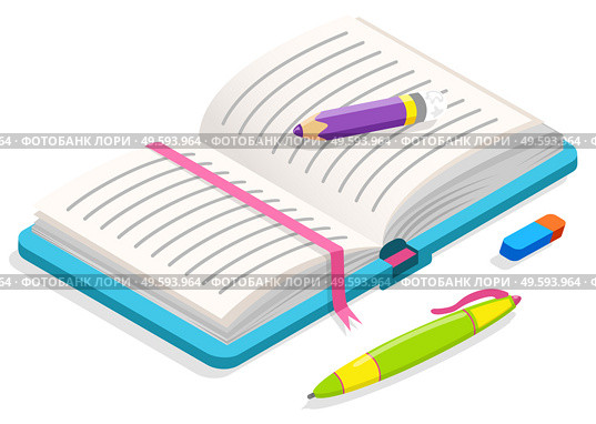 Opened notebook with blue cover, pink fabric bookmark and lined pages. Pencil, ballpoint pen and eraser or rubber. Colorful school or office supplies, stationery isometric style vector illustration. Opened Notebook, Pen, Pencil and Rubber Vector. Стоковая иллюстрация, агентство Ingram Publishing / Фотобанк Лори