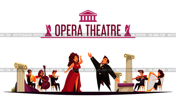 Opera theater premier announcement flat cartoon poster with 2 singers aria performance and musicians onstage vector illustration. Стоковая иллюстрация, агентство Ingram Publishing / Фотобанк Лори