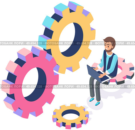 Operating system maintenance for web design. Customization technology. Adjusting app, setting options, repair, fixing. Man with laptop working with settigns program. Phone settigns development. Man with laptop working with settigns program. Operating system maintenance, adjusting app. Стоковая иллюстрация, агентство Ingram Publishing / Фотобанк Лори