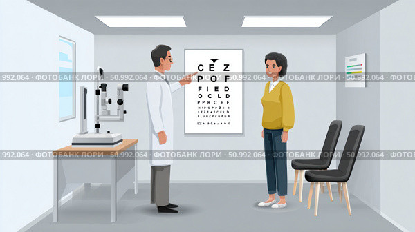 Ophthalmologist pointing at eye chart during medical exam in clinic. Стоковое фото, фотограф Юрий Поздников / Фотобанк Лори