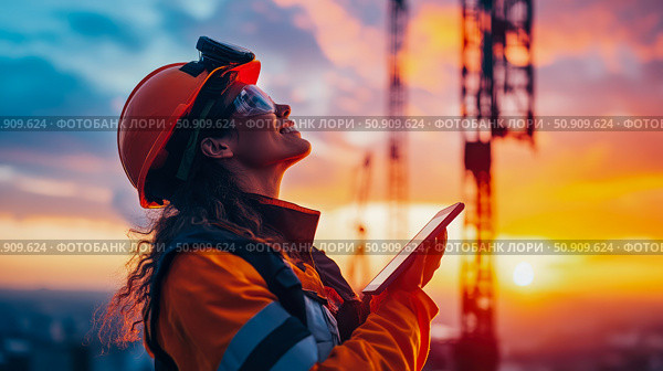 Optimistic Engineer at Sunset: Telecom Worker's Pride in Infrastructure Project. Стоковое AI-изображение, AI-художник Данила Большаков / Фотобанк Лори