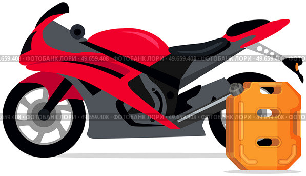 Orange canister with lid near motorbike. Preserving container for storing propane. Canister with fuel for refueling vehicles. Motorcycle refueling substance storage equipment vector illustration. Motorcycle refueling substance storage equipment. Canister with fuel for vehicle, motorbike. Стоковая иллюстрация, агентство Ingram Publishing / Фотобанк Лори