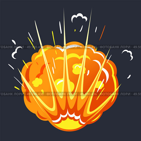 Orange explosion with cloud of dust. Impact of asteroid or meteorite, big bang in motion with fire. Isolated burst in space, bright and radial bursting with smoke. Vector illustration in flat style. Explosion in Space, Bright Bang with Cloud of Dust. Стоковая иллюстрация, агентство Ingram Publishing / Фотобанк Лори