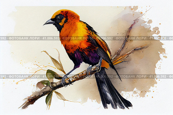 Orange jackdaw, watercolor, watercolor style, Generative AI. Стоковое AI-изображение, AI-художник Анна Кривицкая / Фотобанк Лори