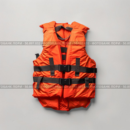 Orange life vest ensuring safety during water activities. Стоковое AI-изображение, AI-художник Иван Рябоконь / Фотобанк Лори