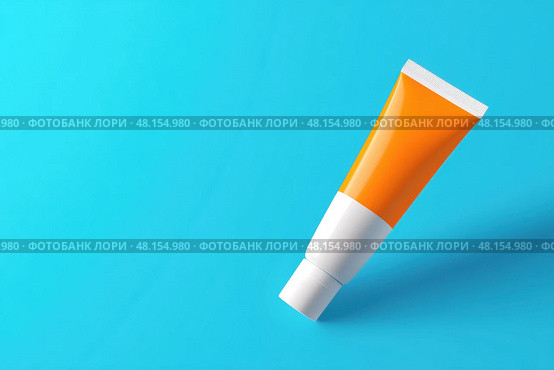 Orange white tube with suntan lotion, cosmetic face cream or hand cream, shower gel, against the blue turquoise color plain studio background. Blank plastic package mockup. Skincare product template. Стоковое AI-изображение, AI-художник Марина Демидюк / Фотобанк Лори