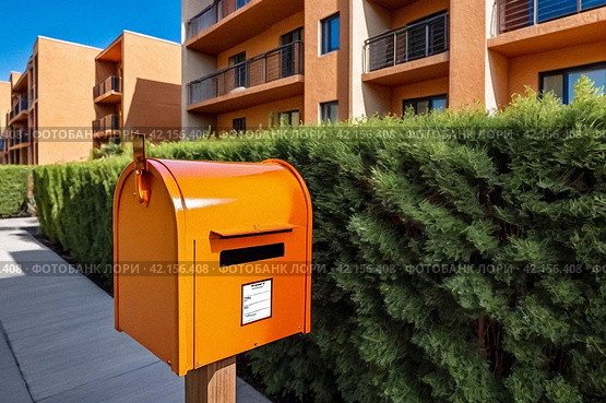 Orange wooden Mailbox in an house residential building outside. Modern numbered mailboxes box outdoors, creative design mail backgrounds. Urban correspondence concept. Copy ad text space. Generated Ai. Стоковое AI-изображение, AI-художник Aleksandr Golubev / Фотобанк Лори