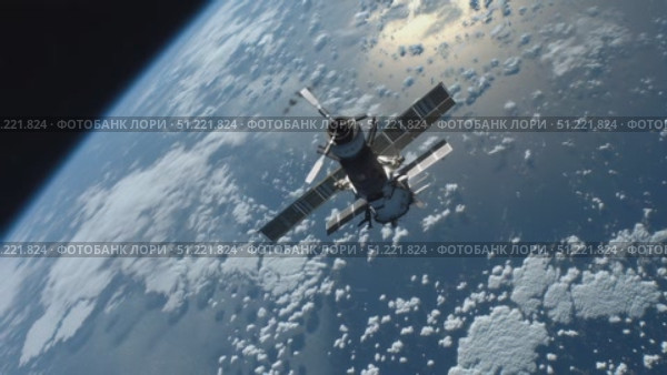 Orbital perspective revealing white clouds drifting over blue planetary surface, rotating space station silhouetted against deep cosmic darkness. Стоковое AI-видео, аниматор Юрий Поздников / Фотобанк Лори