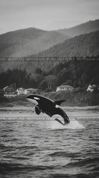 Orca Breaching in Calm Waters Near Coastal Houses During Overcast Weather. Стоковое AI-изображение, AI-художник Юлия Гапеенко / Фотобанк Лори