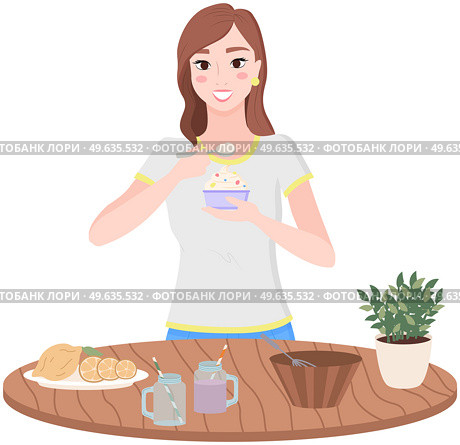 Organic food, diet, fresh products. Slender girl eating natural yogurt. Woman preparing, cooking healthy vegetarian dish or drink. Proper nutrition and vegetarianism concept. Lady enjoying dessert. Girl eating natural yogurt dessert. Woman preparing healthy vegetarian dish or drink with fruit. Стоковая иллюстрация, агентство Ingram Publishing / Фотобанк Лори