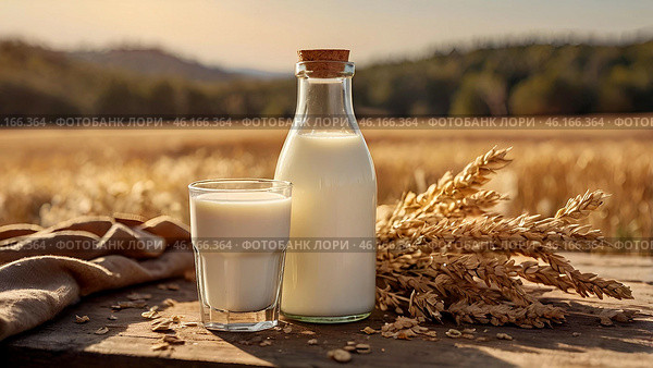 Organic natural oat milk in a glass bottle on a stylish wooden board and plants. Natural, environmentally friendly products. Стоковое AI-изображение, AI-художник Photojuli / Фотобанк Лори