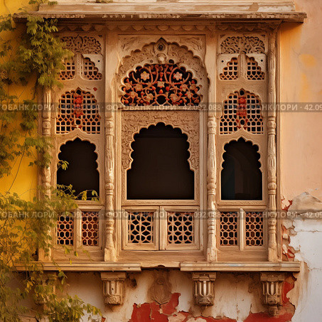 Ornament lattice window in india. Стоковое AI-изображение, AI-художник Михаил Коханчиков / Фотобанк Лори