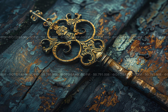 Ornate antique key resting on weathered wood. Стоковое AI-изображение, AI-художник Иван Рябоконь / Фотобанк Лори