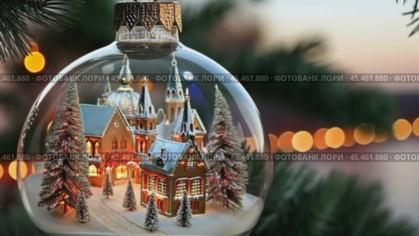 Ornate Christmas bauble with a miniature winter village inside, hanging on a tree branch with blurred festive lights. Стоковое AI-видео, аниматор Ольга Сухарева / Фотобанк Лори