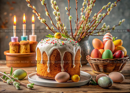 Orthodox Easter. Easter cake, painted eggs, icons, faces of saints, flowers, church candles and Easter decor on a wooden table in an old village house. Стоковое AI-изображение, AI-художник Photojuli / Фотобанк Лори