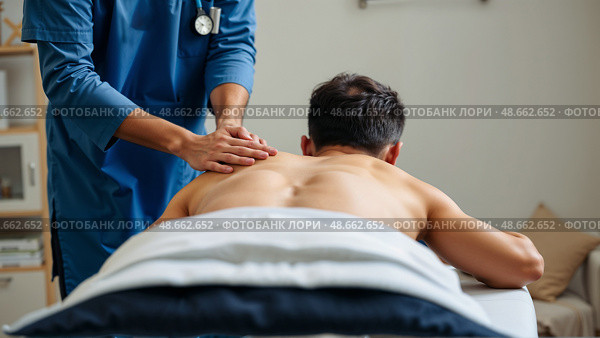 Остеопат проводит лечение позвоночника мужчины. An osteopath treats a man's spine. Стоковое AI-изображение, AI-художник Смирнова Светлана / Фотобанк Лори