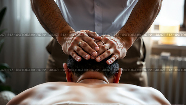 Остеопат проводит сеант лечения. An osteopath conducts a treatment session. Стоковое AI-изображение, AI-художник Смирнова Светлана / Фотобанк Лори