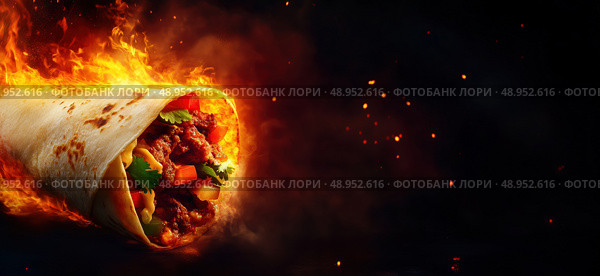 Острый мясной буррито в огне на черном фоне. Стоковое AI-изображение, AI-художник Александр Жуков / Фотобанк Лори