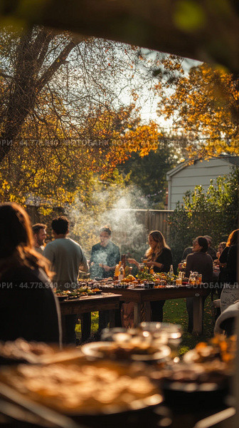 Outdoor gathering with people having a meal in autumn setting. Стоковое AI-изображение, AI-художник Анастасия Золотницкая / Фотобанк Лори