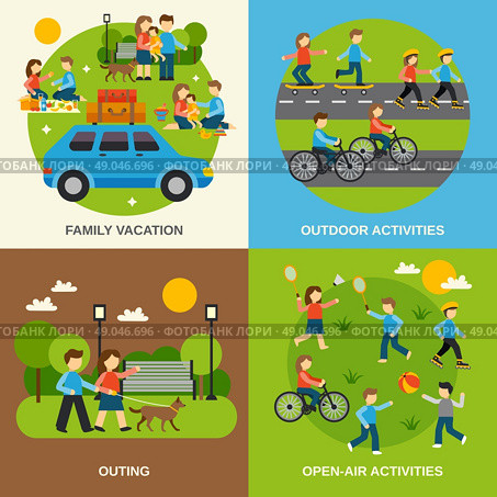 Outing design concept set with family vacation isolated vector illustration. Outing Flat Set. Стоковая иллюстрация, агентство Ingram Publishing / Фотобанк Лори