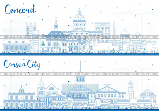 Outline Carson City Nevada and Concord New Hampshire City Skylines Set with Blue Buildings. Стоковая иллюстрация, иллюстратор Игорь Сорокин / Фотобанк Лори