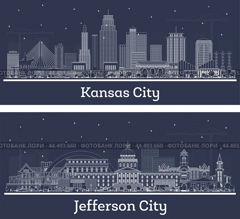 Outline Jefferson City and Kansas City Missouri city skyline set with white buildings. Illustration. Business travel and tourism concept with historic architecture. Cityscape with landmarks. Стоковая иллюстрация, иллюстратор Игорь Сорокин / Фотобанк Лори