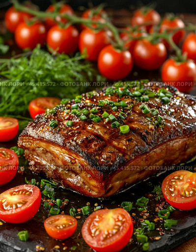 Oven-baked pork with vegetables. Enjoy your meal! Стоковое AI-изображение, AI-художник Сергей Елизарьев / Фотобанк Лори