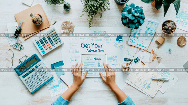 Overhead view of hands interacting with a digital tablet displaying 'Get Your Advice Now' text, surrounded by financial papers, calculators, and potted plants on a tidy desk, ideal for a financial se. Стоковое AI-изображение, AI-художник Данила Большаков / Фотобанк Лори