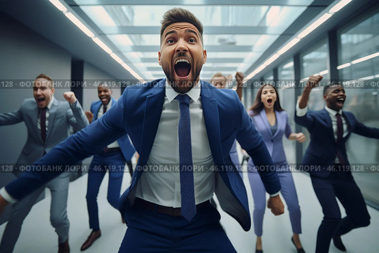 Overjoyed male employee leading a fun celebration with colleagues in a modern office setting during a team-building event. Стоковое AI-изображение, AI-художник Sergey Grishin / Фотобанк Лори