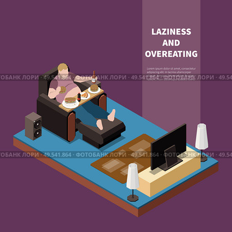Overweight lazy man suffering from gluttony eating and drinking in front of tv 3d isometric vector illustration. Стоковая иллюстрация, агентство Ingram Publishing / Фотобанк Лори