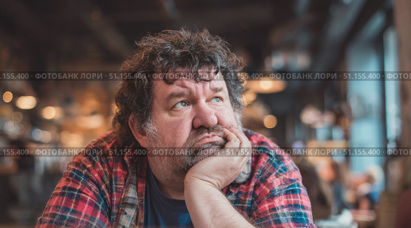 Overweight sad man sits in a cafe with healthy food, longing for a burger and fries, symbolizing diet struggles, weight loss challenges, and lifestyle changes. Стоковое AI-изображение, AI-художник Катерина Бондарец / Фотобанк Лори