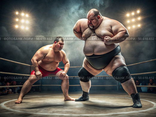 Overweight Wrestlers Prepare for a Match in a Smoke-Filled Ring. Generative AI. Стоковое AI-изображение, AI-художник Roman Zavorotny / Фотобанк Лори
