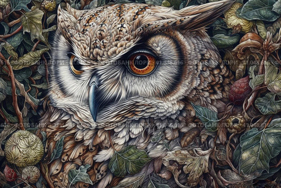 Owl close-up drawing with high detail and many artsy details, watercolor style, Generative AI. Стоковое AI-изображение, AI-художник Анна Кривицкая / Фотобанк Лори
