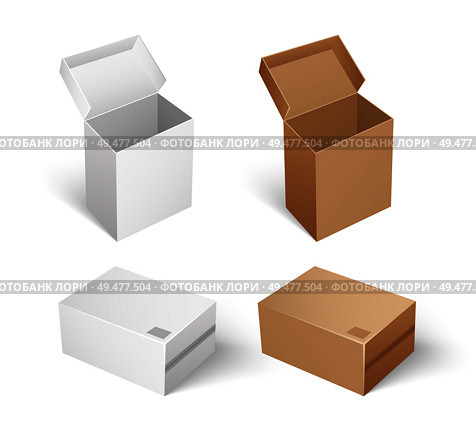 Packaging and storage concept, safe transportation and keeping inside of carton containers. Packages and boxes with opened caps isolated icons set vector. Packages and Boxes with Opened Cap Set Vector. Стоковая иллюстрация, агентство Ingram Publishing / Фотобанк Лори