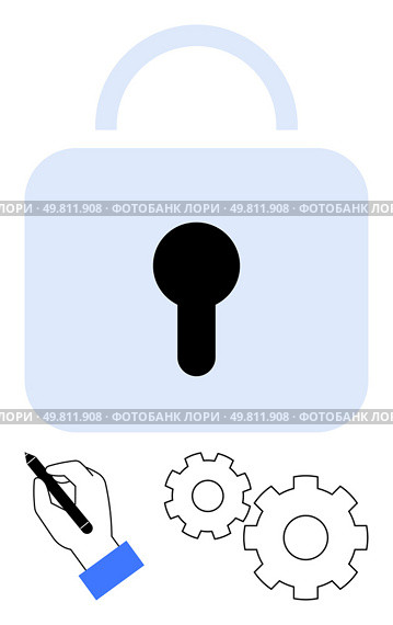 Padlock with keyhole symbolizes security. Hand with stylus and gears represent customization, technology, collaboration, development, protection, innovation, and efficiency. Line metaphor. Large padlock with keyhole, hand holding stylus, and two gears representing security and customization. Стоковая иллюстрация, агентство Ingram Publishing / Фотобанк Лори