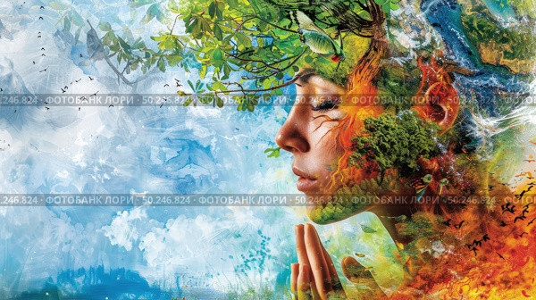 Painting of a woman with a tree balanced on her head, showcasing a unique and surreal concept in art. Стоковое AI-изображение, AI-художник Данила Большаков / Фотобанк Лори
