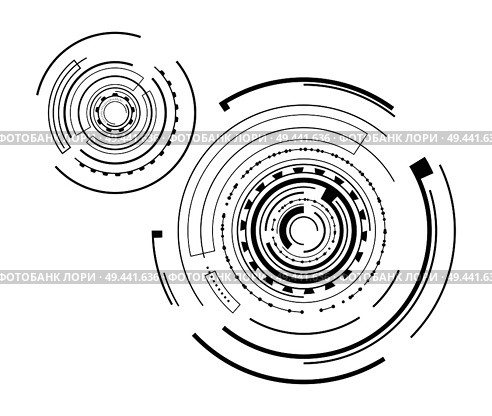 Pair of Interface patterns vector illustration with two black orbits polygons, variety of fat lines, lot of dots, circles isolated on white background. Pair of Interface Patterns Vector Illustration. Стоковая иллюстрация, агентство Ingram Publishing / Фотобанк Лори