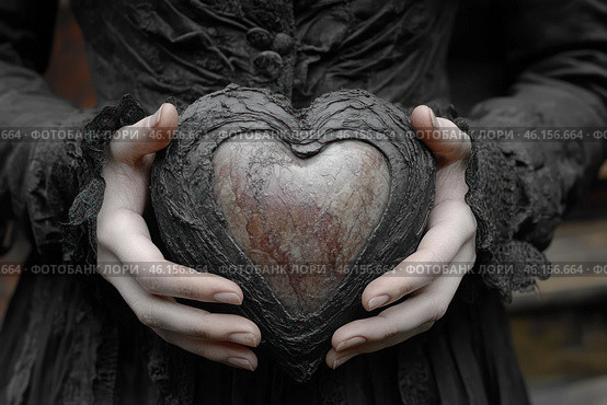 Pale female hands holding a symbolic heart made of stone surrounded by cracked black bark. The woman is dressed in a dark, antique dress with lace, giving the image a gothic atmosphere. The color scheme of the frame is maintained in gray, black and pale tones, creating a feeling of mystery, mysticism and coldness. The stone heart symbolizes emotional isolation, loss of feelings or the immutability of the internal state. Стоковое AI-изображение, AI-художник Анна Кривицкая / Фотобанк Лори