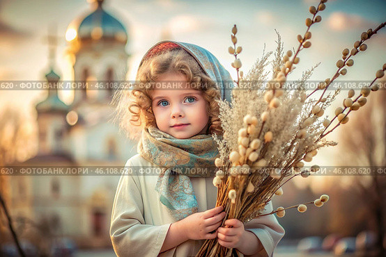Palm Sunday. Christianity. Portrait of a three-year-old girl in a Russian folk shawl with willow branches in her hands against the background of an Orthodox church. Стоковое AI-изображение, AI-художник Photojuli / Фотобанк Лори