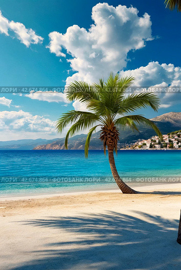 Palm tree on mountain against backdrop of azure Aegean Sea, lush mountains, fluffy clouds in blue sky and beach with white sand and people. Concept of relaxation, recreation and travel. Copy space. Стоковое AI-изображение, AI-художник Aleksandr Golubev / Фотобанк Лори