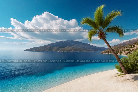 Palm tree on mountain against backdrop of azure Aegean Sea, lush mountains, fluffy clouds in blue sky and beach with white sand and people. Concept of relaxation, recreation and travel. Copy space. Стоковое AI-изображение, AI-художник Aleksandr Golubev / Фотобанк Лори