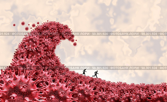 Pandemic second wave and coronavirus outbreak and covid crisis or influenza as dangerous flu strain cases as a covid-19 fear and stress as a medical health risk concept with disease cells as a 3D render. Стоковое фото, агентство Ingram Publishing / Фотобанк Лори